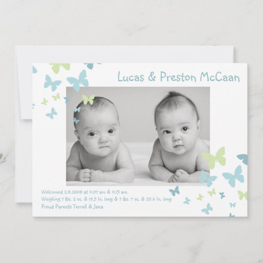 5x7男の子は蝶写真の誕生の発表を結び付けます 案内状 (正面)