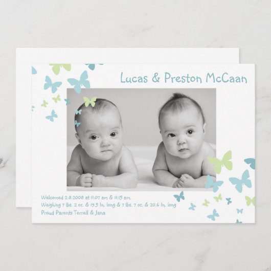 5x7男の子は蝶写真の誕生の発表を結び付けます 案内状 (正面/裏面)