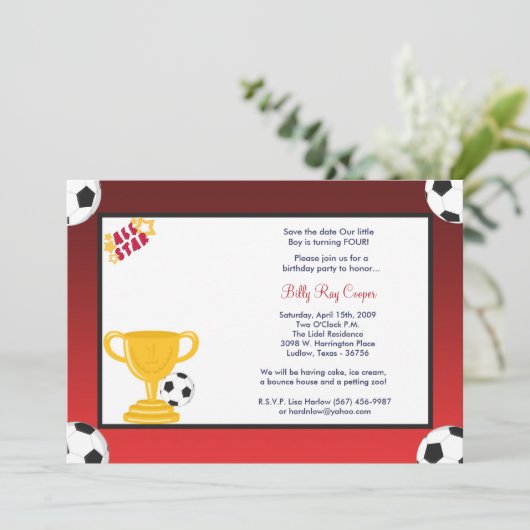 5x7男の子スポーツサッカーベビーシャワー招待状 セーブザデート (スタンド正面)