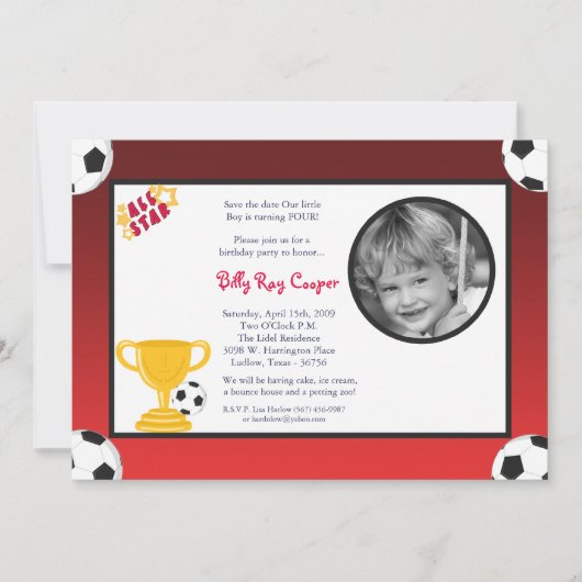 5x7男の子スポーツサッカーボール赤ちゃんシャワー招待状 セーブザデート (正面)