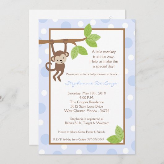 5x7男の子青い猿のジャングルのベビーシャワーの招待状 招待状 (正面/裏面)