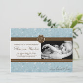 5x7男の赤ちゃんの青い花の写真の誕生の発表 案内状 (スタンド正面)