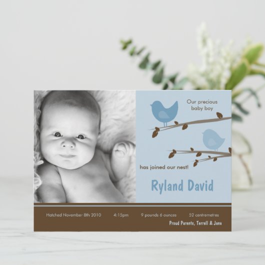 5x7男の赤ちゃんの青いBirdslの写真の誕生の発表 案内状 (スタンド正面)