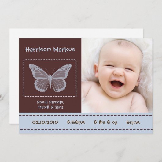 5x7男の赤ちゃんバタフライ写真誕生のお知らせ 案内状 (正面/裏面)