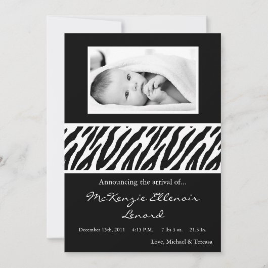 5x7白黒のシマウマの写真の誕生の発表 案内状 (正面)