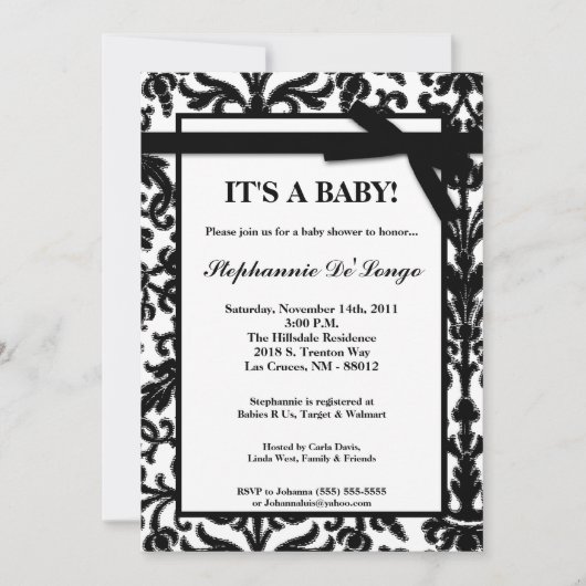 5x7白黒ダマスクレースベビーシャワー招待状 招待状 (正面)