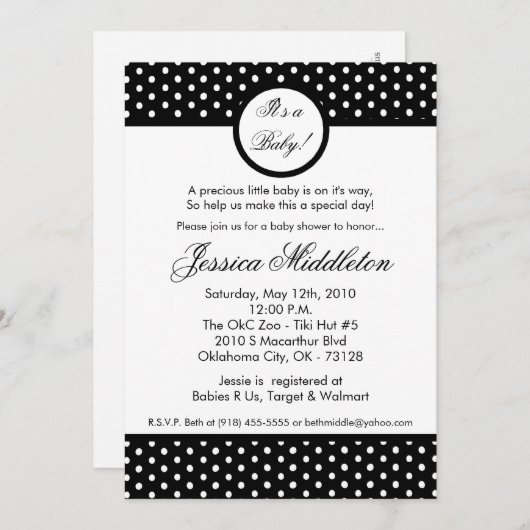 5x7白黒水玉模様ベビーシャワー招待状 招待状 (正面/裏面)