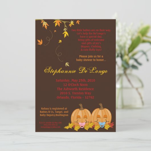 5x7紅葉の対の双生児のベビーシャワーの招待状 招待状 (スタンド正面)