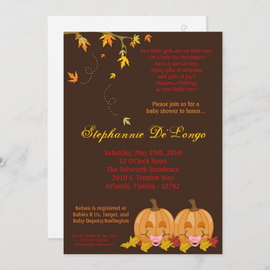 5x7紅葉の対の女の子のベビーシャワーの招待状 招待状 (正面/裏面)