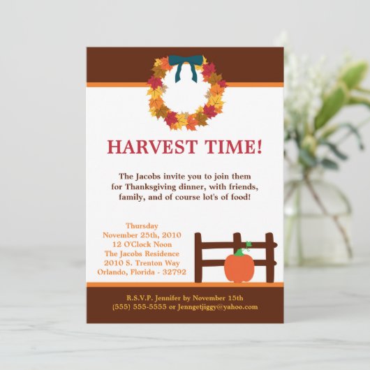 5x7紅葉リースプム感謝祭招待状 招待状 (スタンド正面)