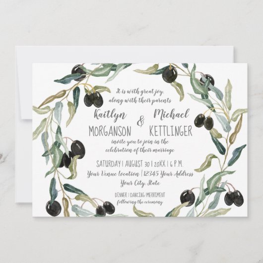 5x7紙オリーブリーフリース水彩タイポグラフィ 招待状 (正面)