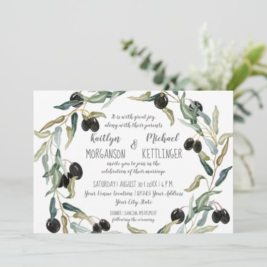 5x7紙オリーブリーフリース水彩タイポグラフィ 招待状 (スタンド正面)
