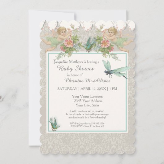 5x7紙招待状ベビーシャワーフェアリーティーカップ 招待状 (裏面)