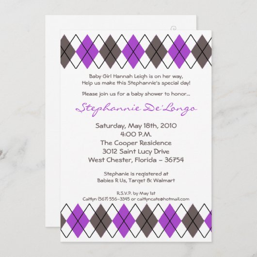 5x7紫グレーパンクアーガイルベビーシャワー招待状 招待状 (正面/裏面)