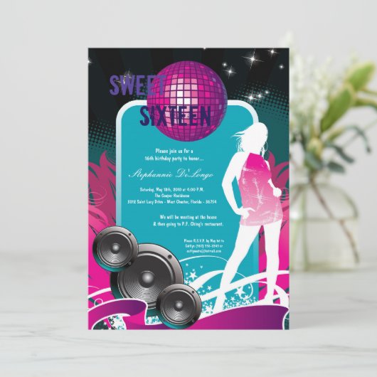 5x7紫色のダンスパーティーDJの第16誕生日の招待状 招待状 (スタンド正面)