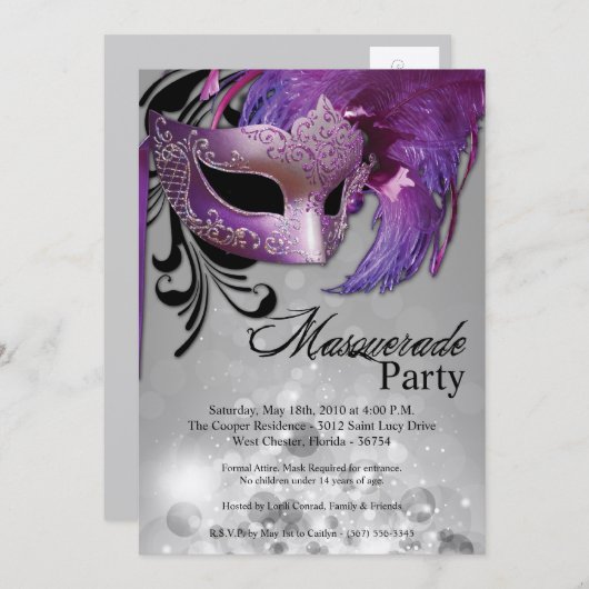 5x7紫色の仮面舞踏会の菓子16の誕生日の招待状 招待状 (正面/裏面)