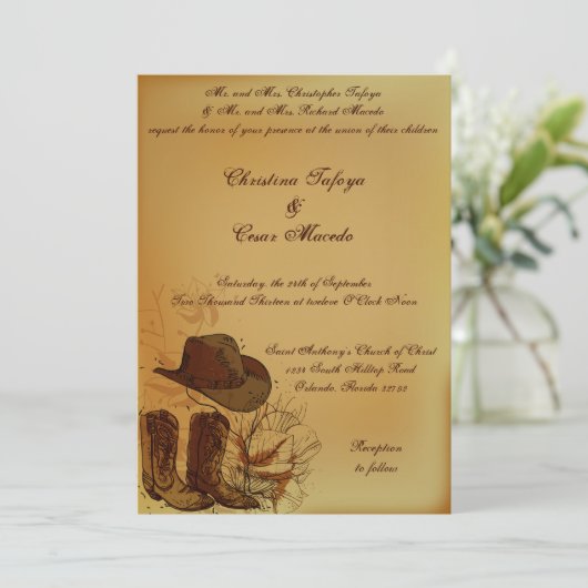 5x7結婚式招待状ウェスタン女性のカーボーイハット/ブーツB 招待状 (スタンド正面)