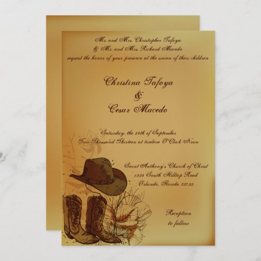 5x7結婚式招待状ウェスタン女性のカーボーイハット/ブーツB 招待状 (正面/裏面)
