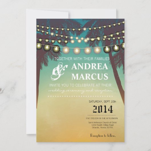 5x7結婚式招待状ビーチサンセットパームツリーストリ 招待状 (正面)