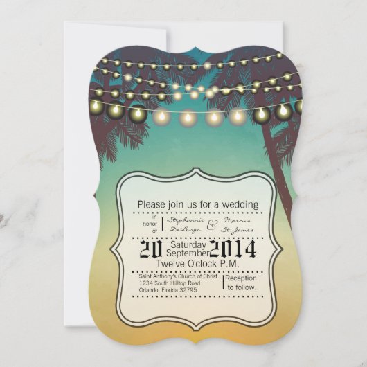 5x7結婚式招待状ビーチサンセットパームツリーズスター 招待状 (正面)