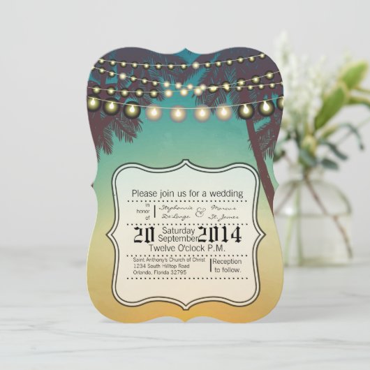 5x7結婚式招待状ビーチサンセットパームツリーズスター 招待状 (スタンド正面)