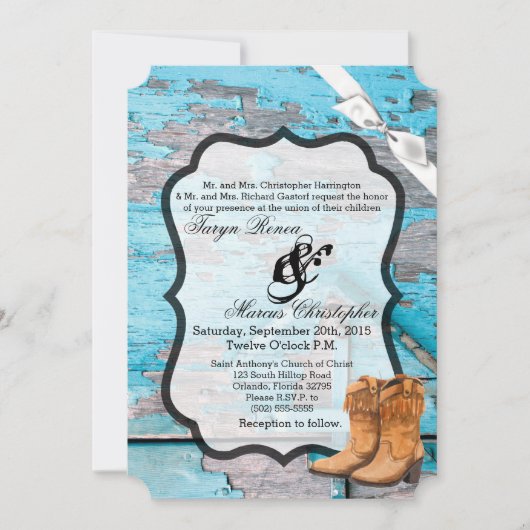 5x7結婚式招待状ブルーウッドバーンドアブーツ 招待状 (正面)