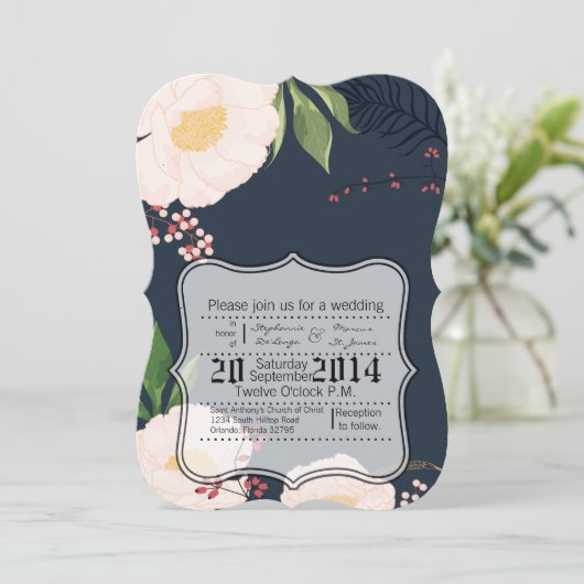 5x7結婚式招待状ベビーピンクCosmos on Navy 招待状 (スタンド正面)