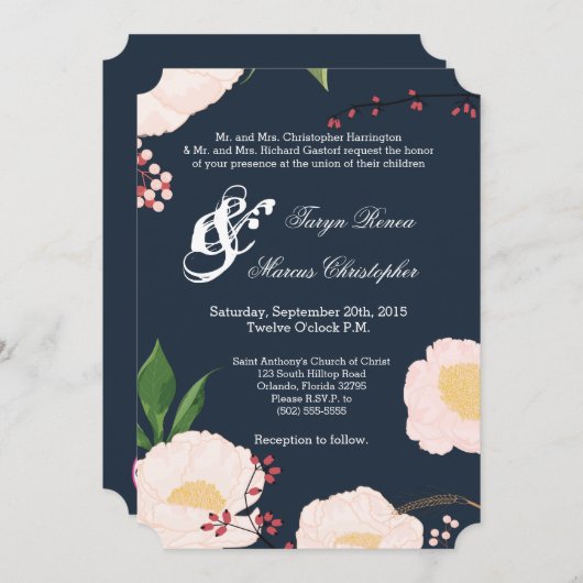5x7結婚式招待状ベビーピンクCosmos on Navy 招待状 (正面/裏面)
