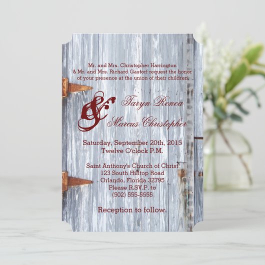 5x7結婚式招待状ホワイトウォッシュウッドバーンドアC 招待状 (スタンド正面)