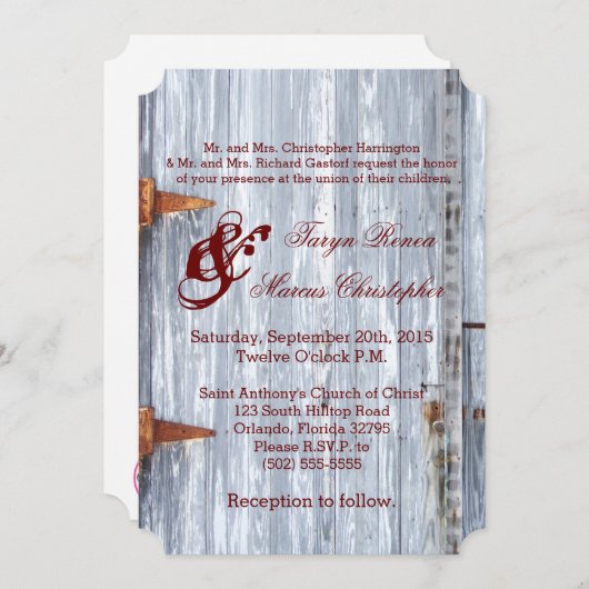 5x7結婚式招待状ホワイトウォッシュウッドバーンドアC 招待状 (正面/裏面)