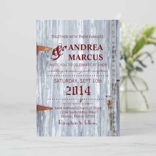5x7結婚式招待状ホワイトウォッシュウッドバーンドアC 招待状 (スタンド正面)