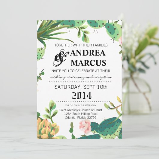 5x7結婚式招待状ボヘミアンサボテン多肉類 招待状 (スタンド正面)