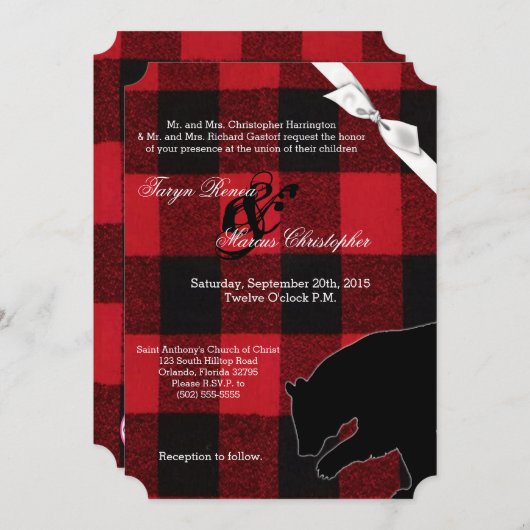 5x7結婚式招待状レッドバッファロープレイドベア 招待状 (正面/裏面)