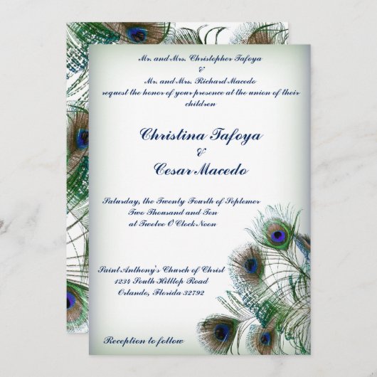 5x7結婚式招待状孔雀の羽ブルー/グリーン 招待状 (正面/裏面)
