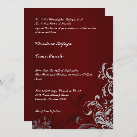 5x7結婚式招待状濃色マルーン灰色旋回 招待状 (正面/裏面)