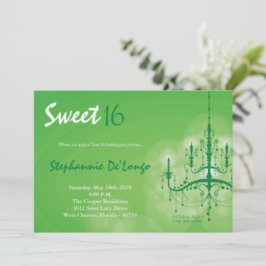 5x7緑のシャンデリアの菓子16の誕生日の招待状 招待状 (スタンド正面)