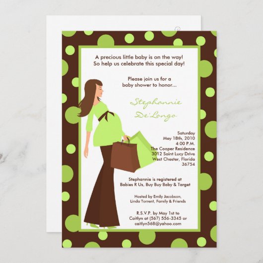 5x7緑のモダンでモダンなお母さんのベビーシャワーの招待状 招待状 (正面/裏面)