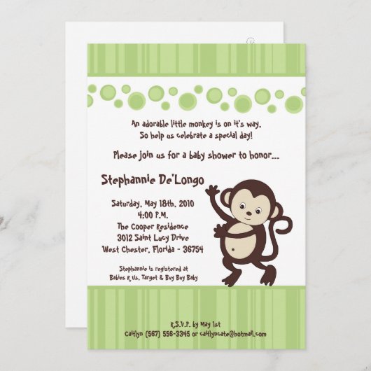 5x7緑の破裂音猿のNeutraのベビーシャワーの招待状 招待状 (正面/裏面)
