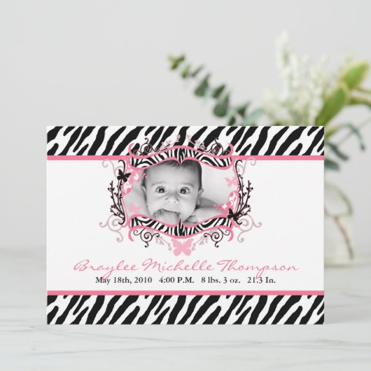 5x7蝶シマウマのプリントの写真の誕生の発表 案内状 (スタンド正面)