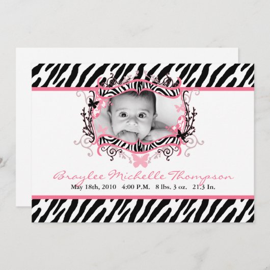 5x7蝶シマウマのプリントの写真の誕生の発表 案内状 (正面/裏面)