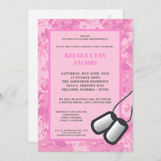 5x7誕生日のパーティの招待状のピンクの軍隊の迷彩柄ACU 招待状 (正面/裏面)