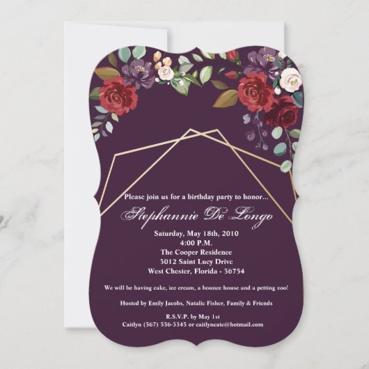 5x7誕生日招待状プラムパープルバラ金ゴールド地域 招待状 (正面)