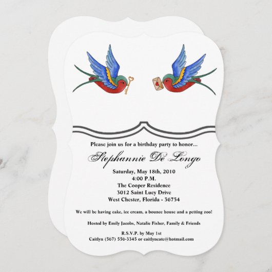 5x7誕生日招待状伝統的バードタトゥーSp 招待状 (正面/裏面)