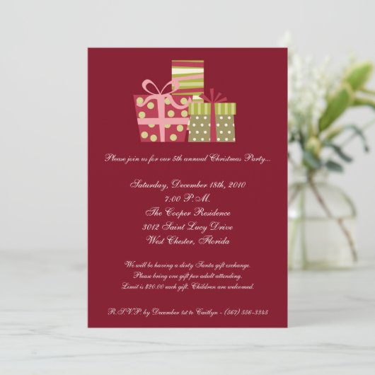 5x7赤いクリスマスプレゼントクリスマスパーティの招待状 招待状 (スタンド正面)
