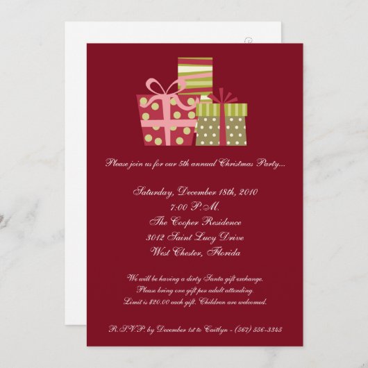 5x7赤いクリスマスプレゼントクリスマスパーティの招待状 招待状 (正面/裏面)