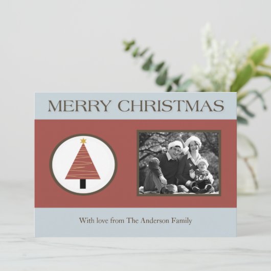 5x7赤いブルーのクリスマスツリー写真クリスマスカード シーズンカード (スタンド正面)