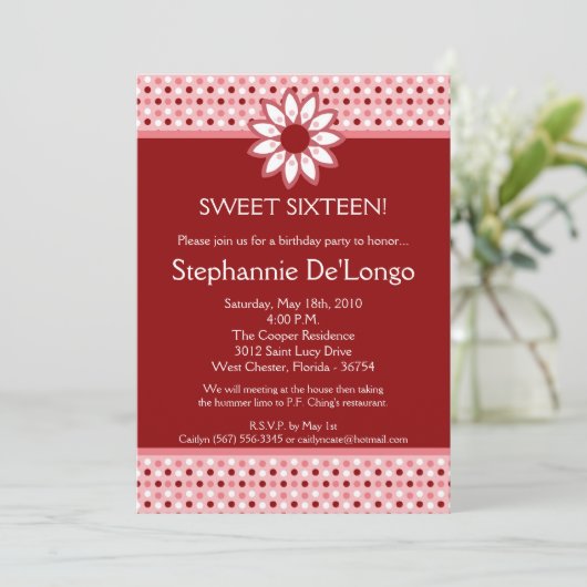 5x7赤いポルカフラワー16誕生日パーティーの招待 招待状 (スタンド正面)