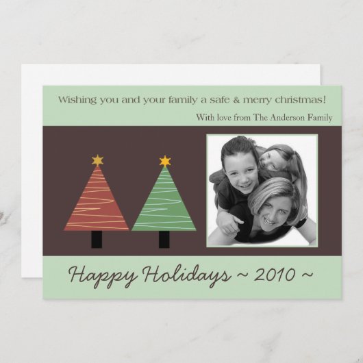 5x7赤い緑のクリスマスツリーPHOTOクリスマスカード シーズンカード (正面/裏面)