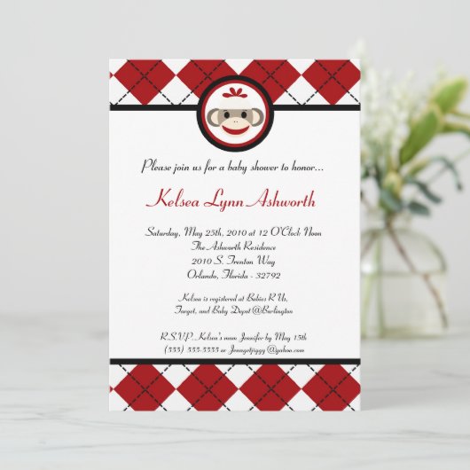 5x7赤アルグソックモンキートイベビーシャワー招待状 招待状 (スタンド正面)