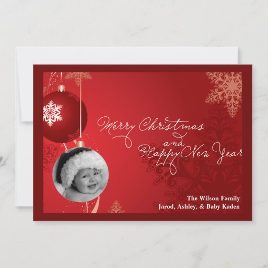 5x7赤オーナメントスノーフレークPHOTOクリスマスカード シーズンカード (正面)